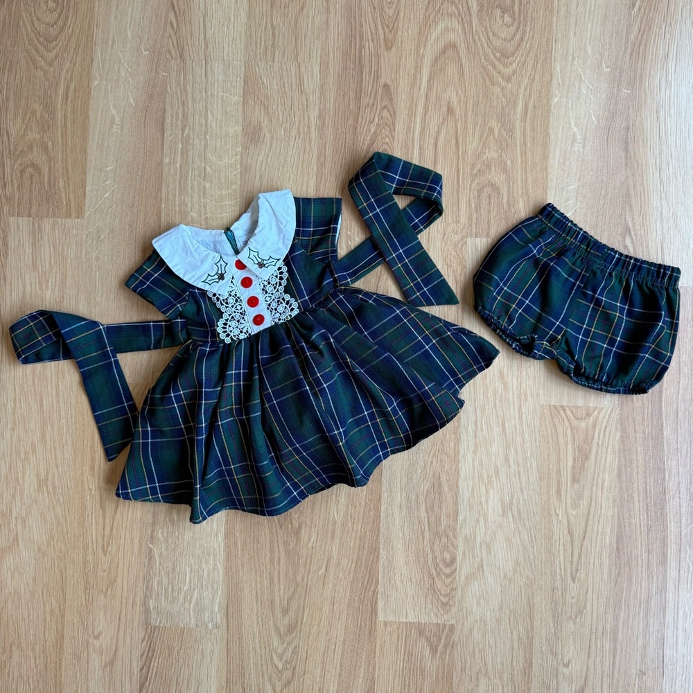 EUC Only Little Once Baby Girl Two Piece Dress + Bloomers-Plaid, Lace, Mistletoe - Picture 1 of 8